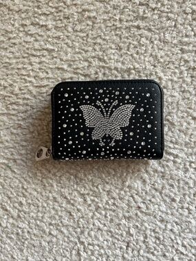 Black Rhinestone Butterfly Zip Wallet